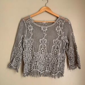 Liquid by Sioni Womens Gray Crochet KnitTop Size M/L Boho Overlay 3/4 sleeve